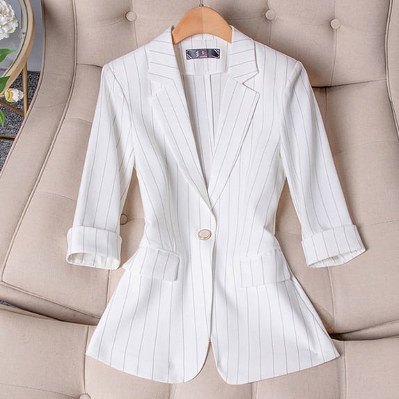 Qulqfy Women White Blazers Lightweight Business Casual 3/4 Sleeve Blazer Tunic Striped Womens Rolled Suit Jackets 4XL