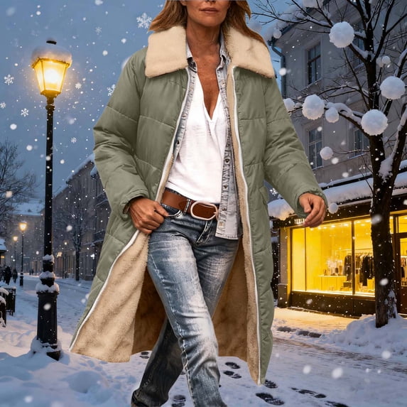 Qulqfy Women Winter Coats Fleece Lined Warm Long Coat Lapel Collar Full Zip Up Fall Quilted Jacket Long Coat for Women