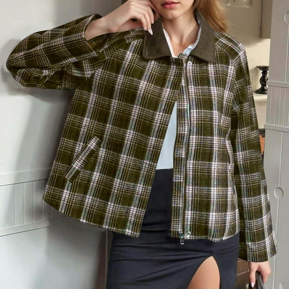 Qulqfy Women's Barn Jackets Plaid Short Shirt Jacket Full Zip Up Casual Lapel Collar Fall Lightweight Coat Shirt Jacket for Women