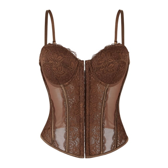 Qulqfy Women's Bustiers & Corsets See Through Sexy Underbust Lace Corset with Straps Solid Boned Corset Tops for Women