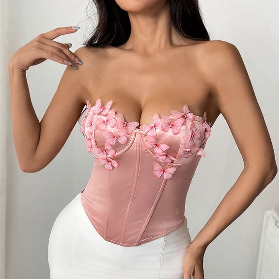 Qulqfy Women's Bustiers & Corsets Underbust Tank Top Fashion Strapless Boned Butterfly Corset Tops for Women