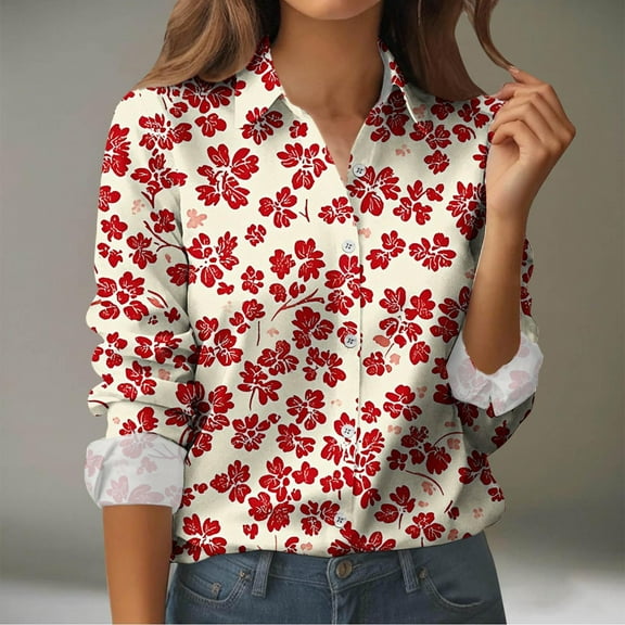 Qulqfy Women's Button Down Shirts Floral Long Sleeve Collared Business Casual Dressy Tops Womens Red Blouses 2XL