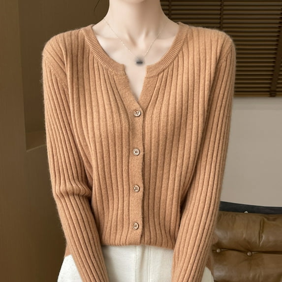 Qulqfy Women's Button-Up Cardigan Sweaters Henley Knitted Ribbed Gold Lightweight Sweaters Womens Fall Shirts S