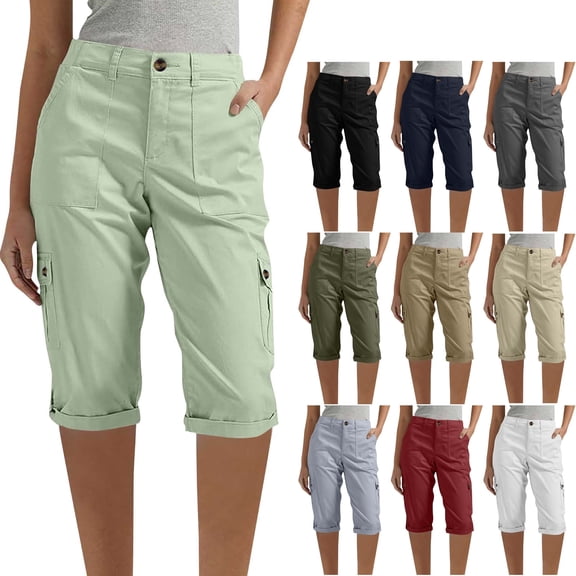 Qulqfy Women's Cargo Capris Casual Chino Travel Outdoor Hiking Loose Fit Green Capris L