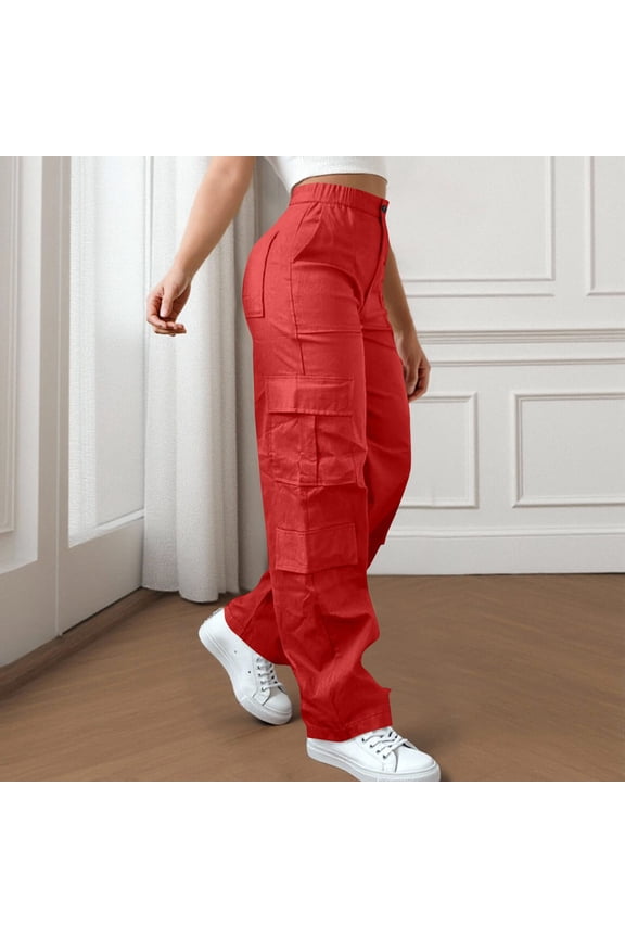 Women's Cargo Pants Hiking Red Travel Pants Loose High Waisted Wide Leg Pants for Women