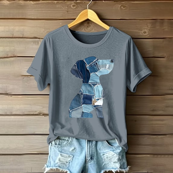 Qulqfy Women's Cartoon Shirts Cute Dog Print Puppy Gray Shirts Short Sleeve Graphic Tops for Women 2XL