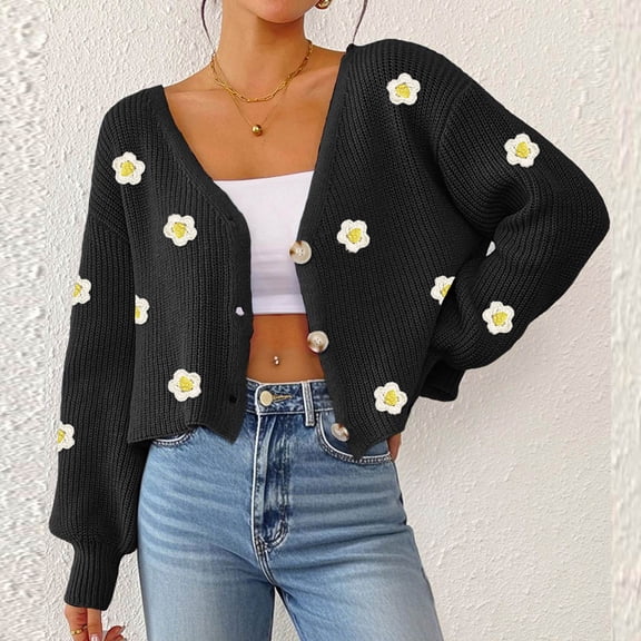 Qulqfy Women's Cozy Sweaters Black Cropped V Neck Pullover Sweater Trendy Long Sleeve Floral Knit Shirts Tops for Women