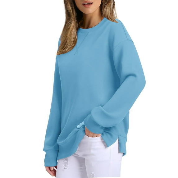 Qulqfy Women's Crew Neck Sweatshirts Embroidered Blue Side Slit Long Sleeve Sweatshirts Pullover Women Fall Tops S