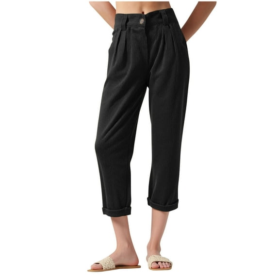 Qulqfy Women's Cropped Pants Casual Black Corduroy Pants Wide Leg High Waisted Fall Pants for Women