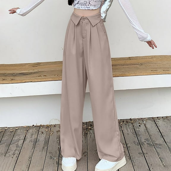 Qulqfy Women's Dressy Pants Wide Leg Plain High Waist Pants Casual Slim Womens Yellow Trousers S