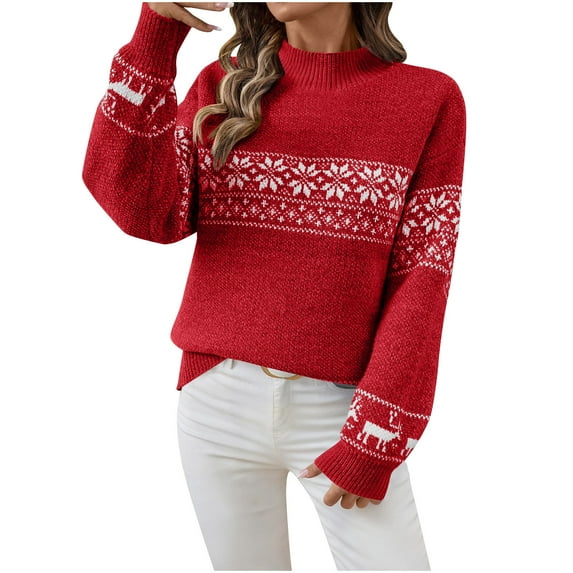 Qulqfy Women's Fair Isle Sweaters Mock Neck Pullover Cozy Red Sweater Christmas Dressy Casual Knit Long Sleeve Shirts Tops for Women