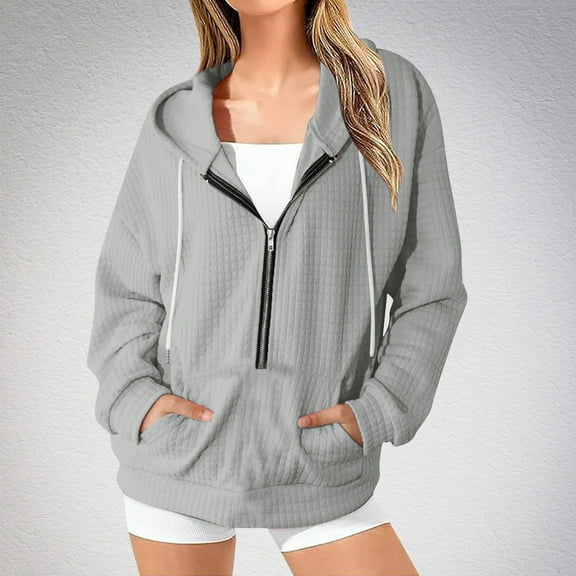 Qulqfy Women's Half Zipper Hoodies Workout Embossed Fall 2025 Gray Funny Sweatshirts Womens Casual Tops S