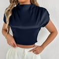 thumbnail image 1 of Qulqfy Women's Holiday Blouses Satin Silk Petite Blue Cropped T-Shirt Short Sleeve Shirt Going Out Tops for Women S, 1 of 8
