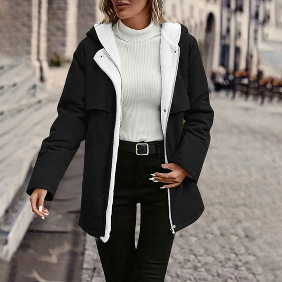 Qulqfy Women's Jackets Fleece Lined Full Zip Up Fall Winter Coat Hooded Long Sleeve Warm Women's Winter Coat