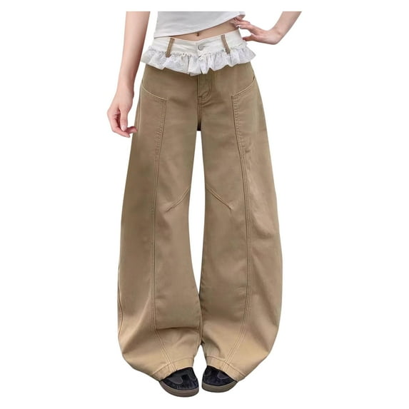 Qulqfy Women's Khaki Pants Wide Leg Barrel High Waist Pants Lace Long Women Bootcut Trousers M