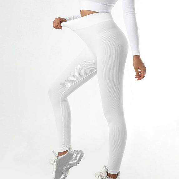 Qulqfy Women's Leggings Compression White Yoga Tummy Control Stretchy Ribbed High-Waisted Butt Lifting Leggings Pants for Women M