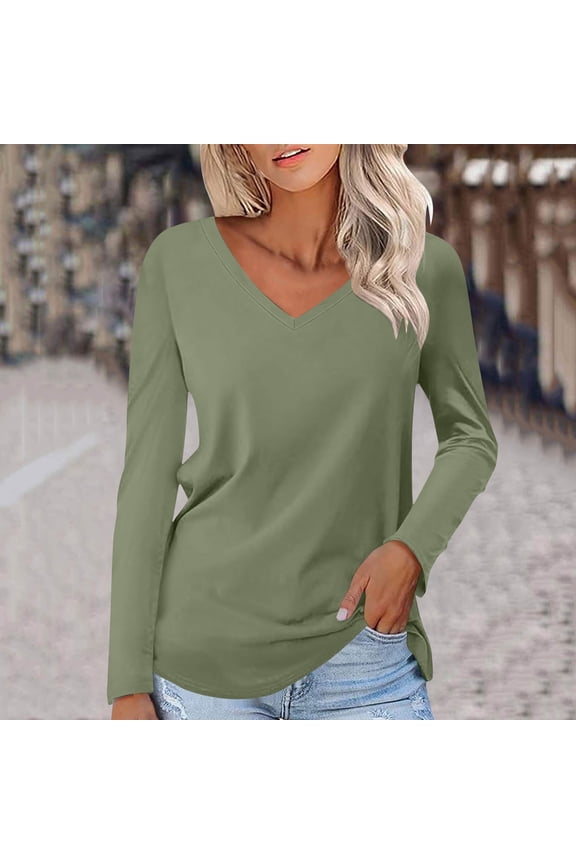 Women's Long Sleeve T-Shirts V Neck Basic Plain Green Soft Shirts Tunic Tops for Women L