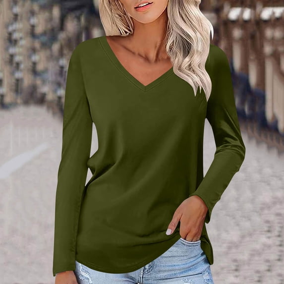 Qulqfy Women's Long Sleeve T-Shirts V Neck Plain Green Basic Soft Shirts Tunic Tops for Women 3XL