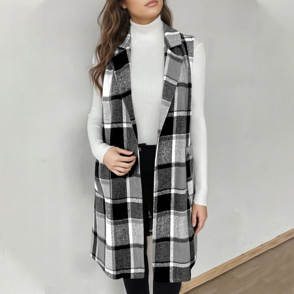 Qulqfy Women's Long Vest Sleeveless Shawl Collar Cardigan Open Front Fall Plaid Winter Coat Women Cardigan