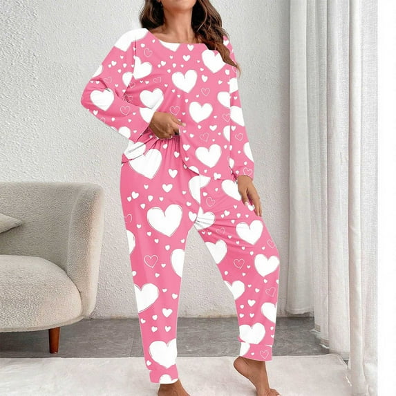 Qulqfy Women's Pajama Sets Cute Valentine Day Soft Pink Plus Size Long Sleeve Shirts and Jogger Pants Heart Print Sleepwear Womens Matching Lounge Set XXL