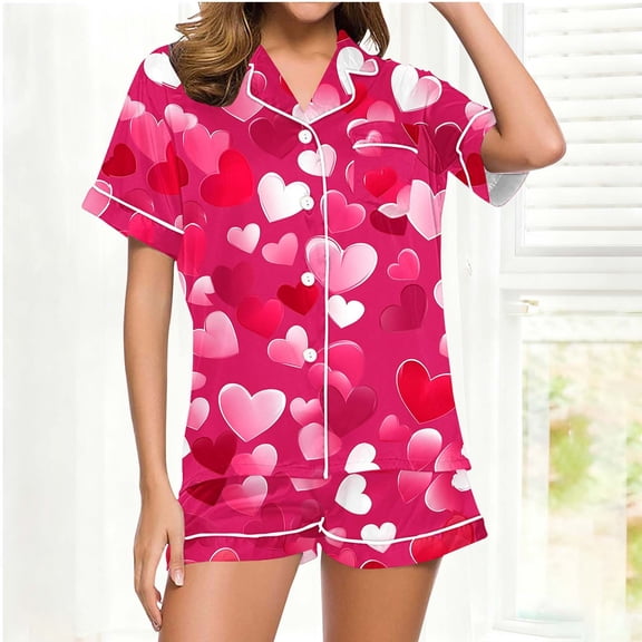 Qulqfy Women's Pajamas Set Cute Soft Red Valentine Day Short Sleeve Button Down Shirts and Shorts with Pockets Heart Print Sleepwear Matching Pj Set Women L