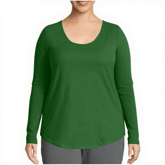 Qulqfy Women's Plus Size Shirts Long Sleeve Scoop Neck Plain Shirts Green Basic Women Tunic Tops 3XL