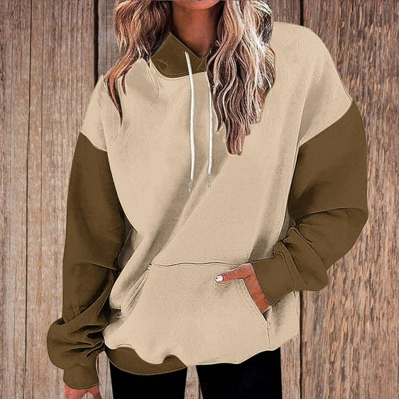 Qulqfy Women's Pullover Sweatshirts Color Block Long Sleeve Drop Shoulder Sweatshirts Brown Womens Fall Tops L