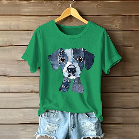 Qulqfy Women's Puppy Shirts Cartoon Cute Green Dog Print Shirts Graphic Short Sleeve Tops for Women L