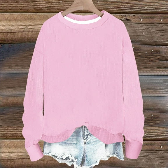 Qulqfy Women's Ribbed Sweatshirts Pullover Crew Neck Long Sleeve Pink Sweatshirts Plain Fall Tops for Women S