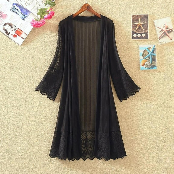 Qulqfy Women's Sheer Duster Cardigan Open Front Black Long Sleeve Cover Up Fall Lace Women Lightweight Tops L