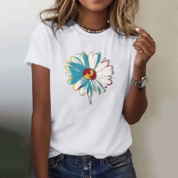 Qulqfy Women's Shirts Short Sleeve Plus Size Graphic Shirts Casual Crew Neck Tops Womens Blouses for Work M