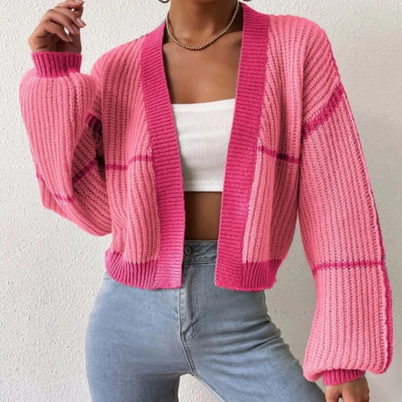 Qulqfy Women's Short Cardigans Knitting Cropped Cotton Striped Open Front Cardigans Women Pink Shirts for Teen Girls S