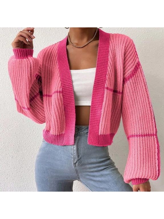 Women's Short Cardigans Knitting Cropped Cotton Striped Open Front Cardigans Women Pink Shirts for Teen Girls S
