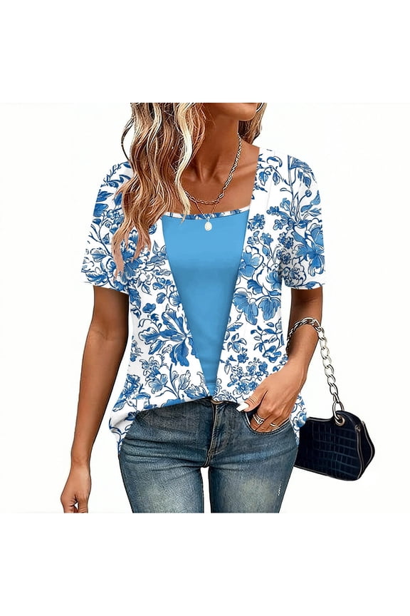 Women's Short Sleeve T-Shirts Floral Double Layer Shirts Casual Crew Neck Tops Spring Tops for Women S