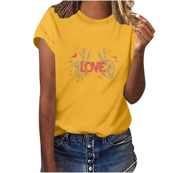 Qulqfy Women's Short Sleeve T-Shirts Yellow Love Print Shirts Crew Neck Spring Summer Graphic Tees M