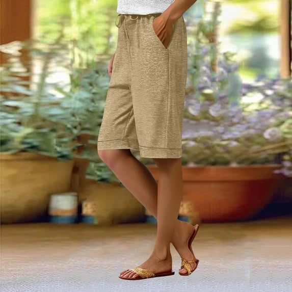 Qulqfy Women's Summer Capris Wide Leg High Waist Cuffed Beige Knee Length with Pockets Capris L