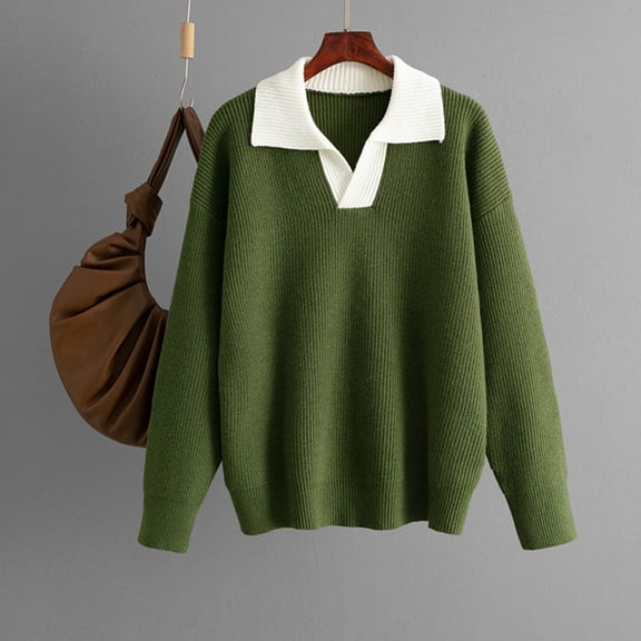 Qulqfy Women's Sweaters Green Knit Long Sleeve Pullover Lapel Collar Casual Work Shirts Light Sweaters for Women Fall Free