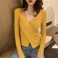 thumbnail image 1 of Qulqfy Women's Sweaters Pullover Cozy Yellow V Neck Sweater Fashion Petite Knit Long Sleeve Shirts Tops for Women, 1 of 5