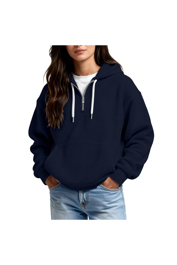 Women's Sweatshirt Hoodie Plus Size Waffle Knit Hooded Quarter Zip Blue Sweatshirt Pullover Long Sleeve Fall Spring Shirts Dressy Tops for Women Night Out M