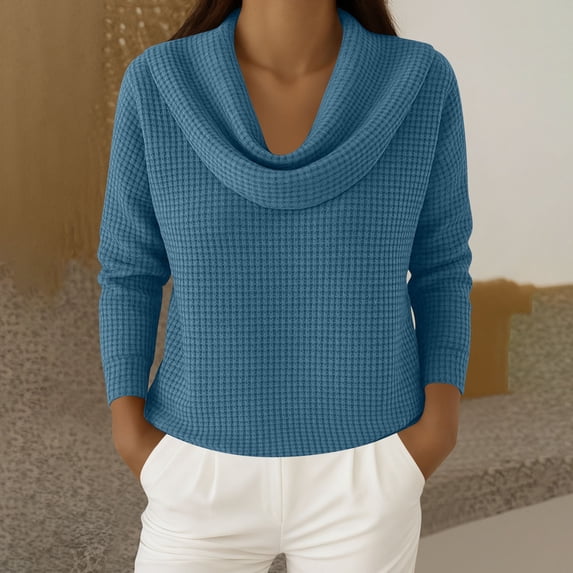 Qulqfy Women's Sweatshirt Plus Size Cowl Neck Tunic Blue Waffle Knit Sweatshirt Spring Fall Long Sleeve Shirts Business Casual Tops for Women 5XL
