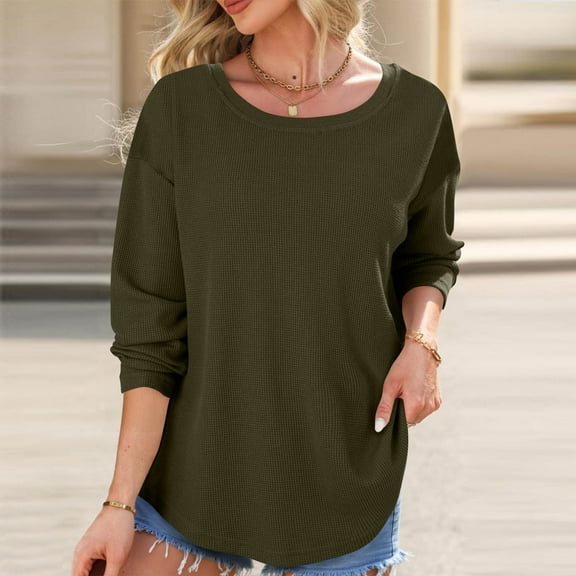 Qulqfy Women's Sweatshirt Tunic Waffle Knit Green Crew Neck Sweatshirt Fall Long Sleeve Spring Shirts Holiday Tops for Women M