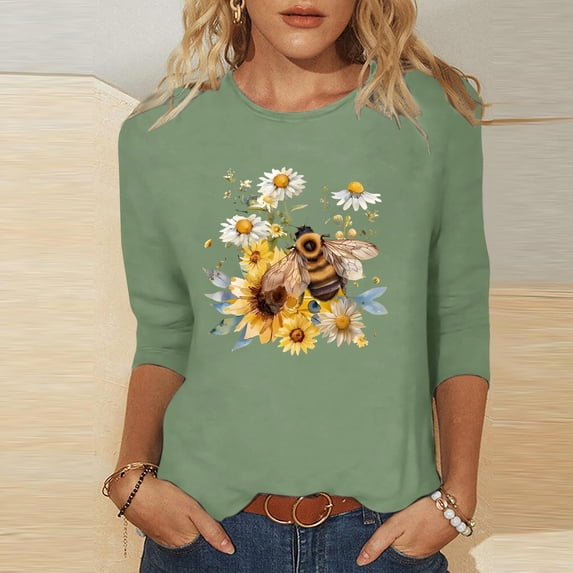 Qulqfy Women's T Shirts 3/4 Length Sleeve Causal Crew neck Slim Fit Tunic Basics Raglan Vacation Tops for Women Trendy M