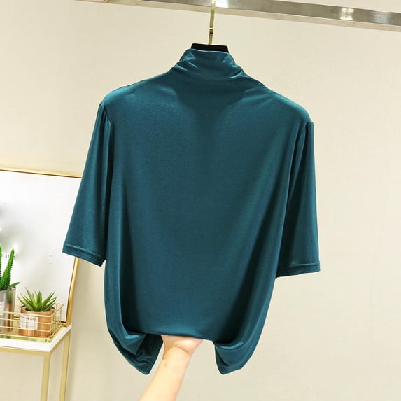 Qulqfy Women's T Shirts Turtleneck Tunic Half Sleeve Green Spring Shirts Solid Summer Tops Womens Travel Outfit M