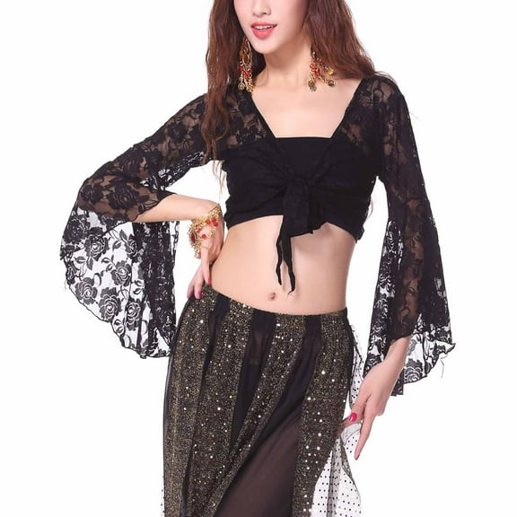 Qulqfy Women's Tie Front Bolero Shrug Lace Flare Sleeve Black Sheer Flowy Cardigans Womens Latin Dance Tops