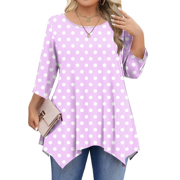 Qulqfy Women's Tops Spring 3/4 Sleeve Plus Size Shirts Crew Neck Going Out Fall Swing Polka Dot Tops Womens Blouses XL