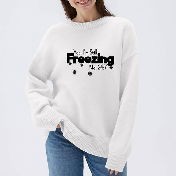 Qulqfy Women's Tunic Sweaters Cozy White Pullover Oversized Sweater Crew Neck Dressy Casual Knit Graphic Long Sleeve Shirts Tops for Women