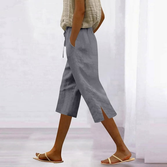 Qulqfy Women's Wide Leg Capri Gray Walking Hiking Fall Capri Drawstring Casual Pants for Women XL