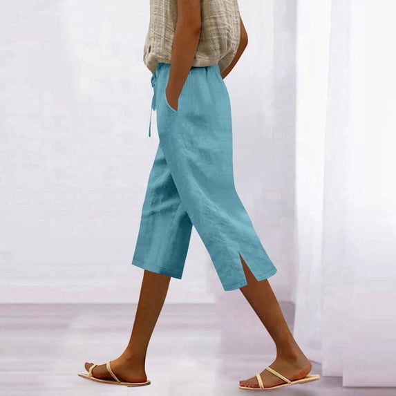 Qulqfy Women's Wide Leg Capri Walking Fall Blue Hiking Capri Drawstring Casual Pants for Women 2XL