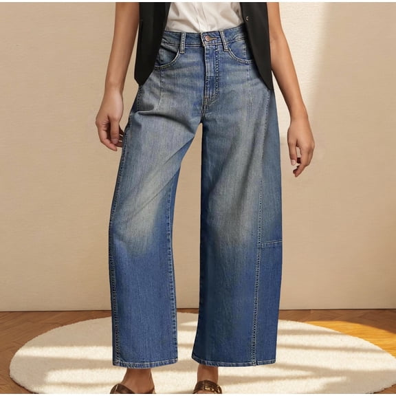 Qulqfy Women's Wide Leg Jeans Barrel Baggy Denim Stretchy Low Rise Jeans L