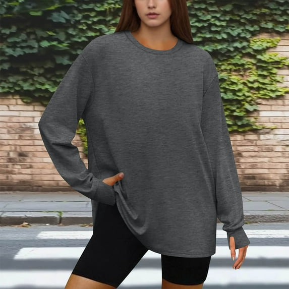 Qulqfy Women's Workout Tops Plus Size Long Sleeve Oversized Fleece Gray Shirts Fuzzy Crew Neck Tunic Tops for Women